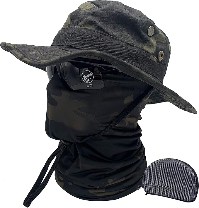 Fishing Hat Boonie Hat Tactical hat Camo Hats Balaclava Headband Glasses Set for Outdoor Sport Unisex